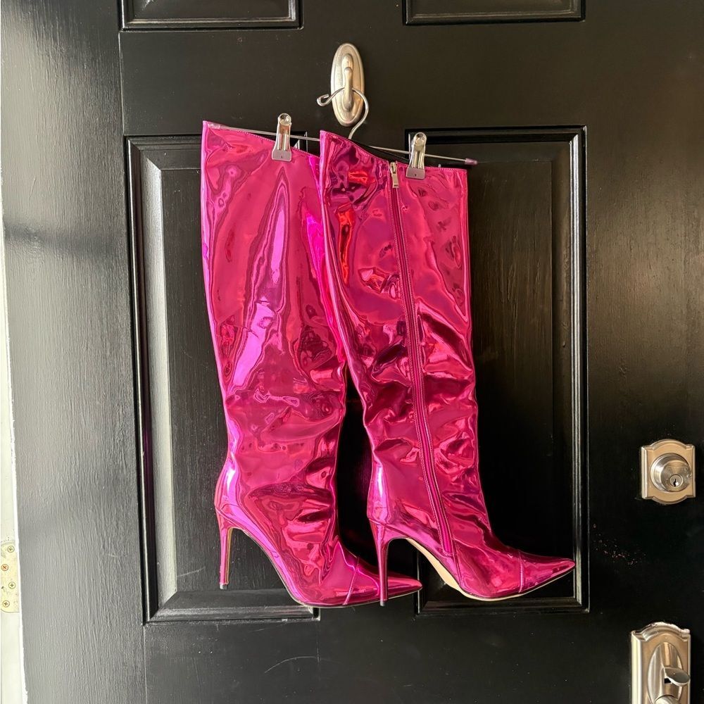 Metallic Pink Patent Leather Tall Stiletto Boots Size 9.5 - Picture 3 of 15